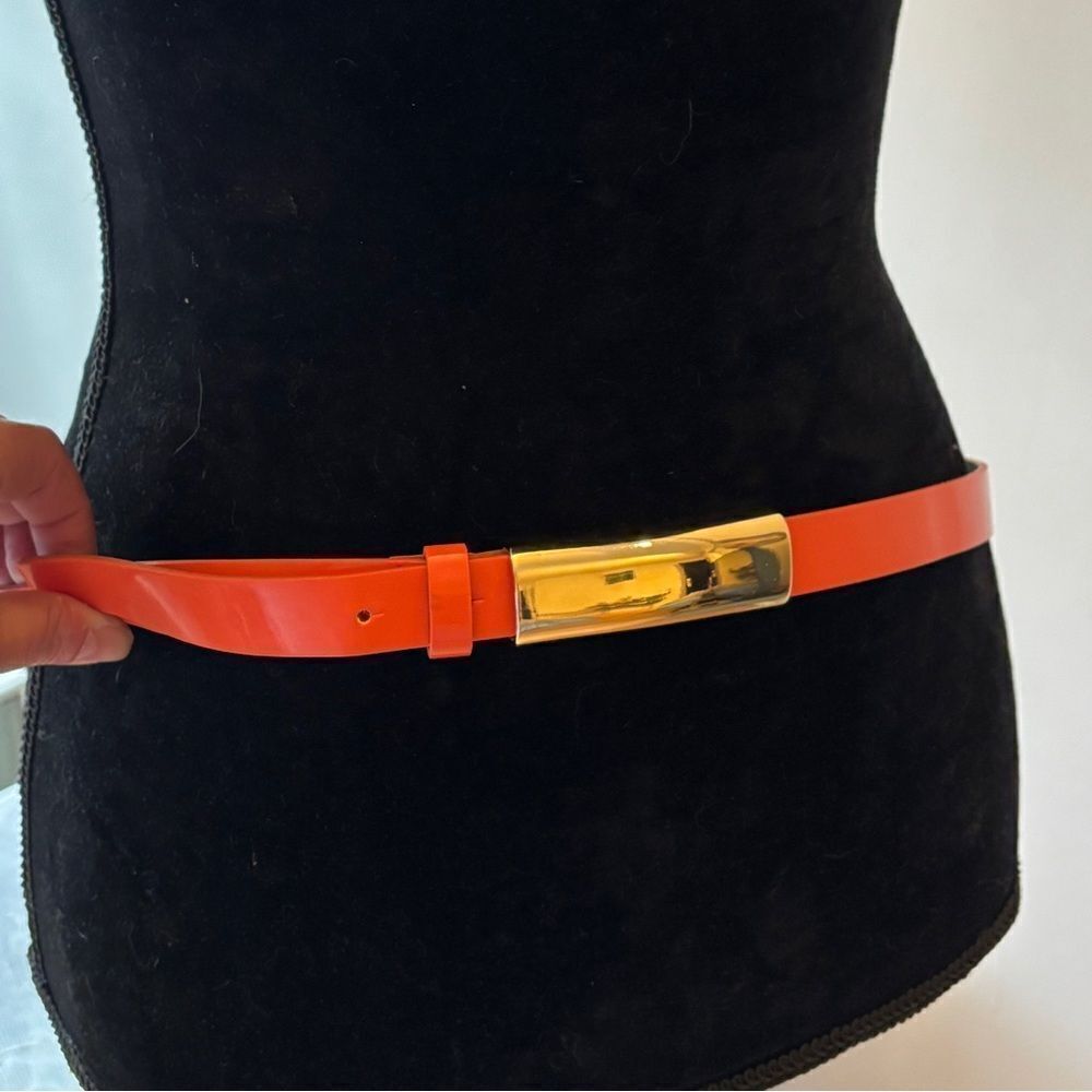 Orange Patent  leather belt with gold rectangular buckle sz 42
